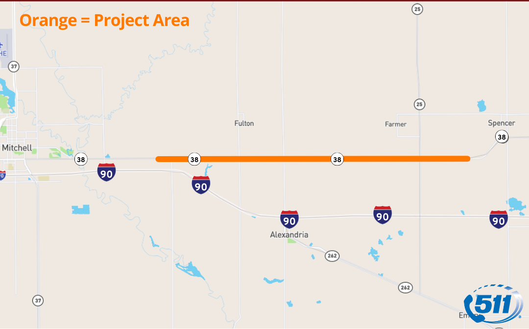 Map of SDDOT project on SD Highway 38 in Mitchell