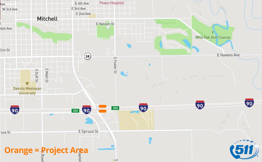 Map of I-90 bridge project in Mitchell 