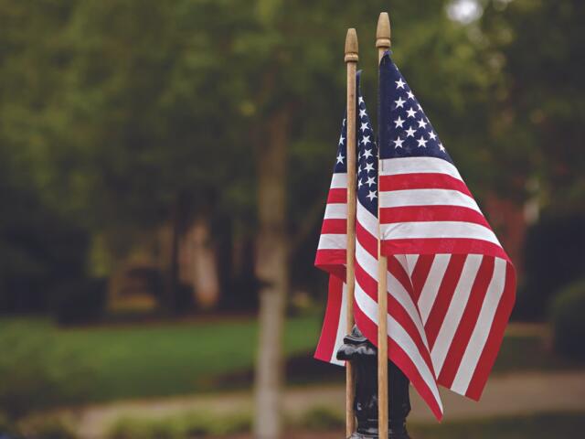 Two American flags on wooden poles waving in a park breeze, with a blurred green background.
