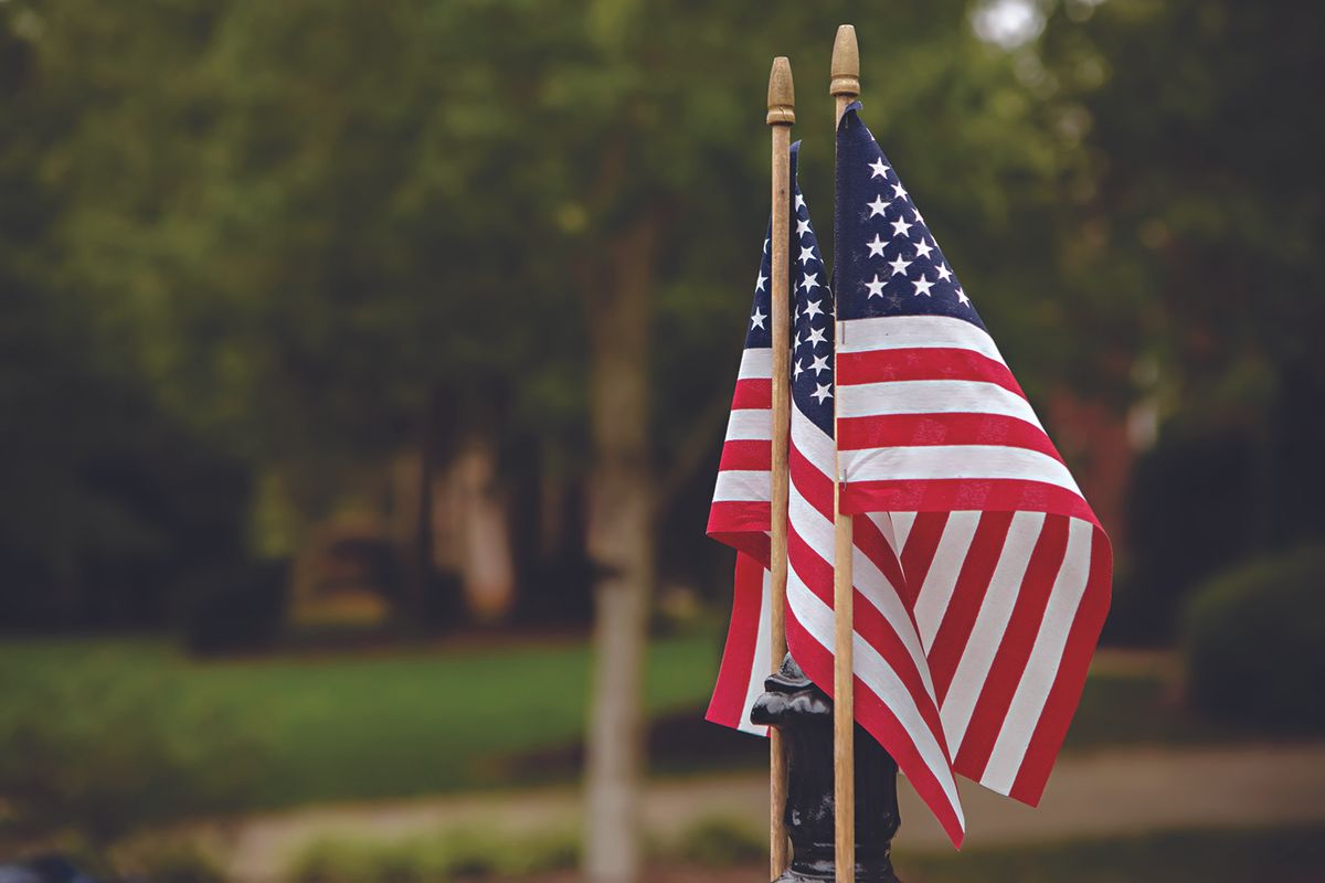 Two American flags on wooden poles waving in a park breeze, with a blurred green background.