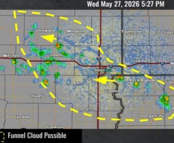 NWS Sioux Falls warned of the chance for funnel clouds or landspouts to develop Wednesday afternoon in Southeast South Dakota