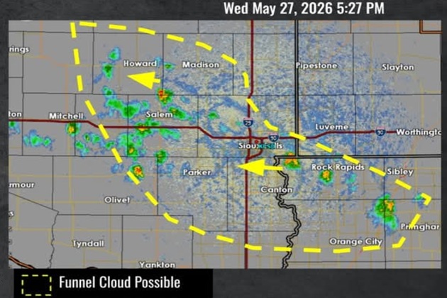 NWS Sioux Falls warned of the chance for funnel clouds or landspouts to develop Wednesday afternoon in Southeast South Dakota