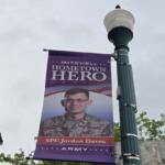 New patriotic banners hang along Main Street in Mitchell.