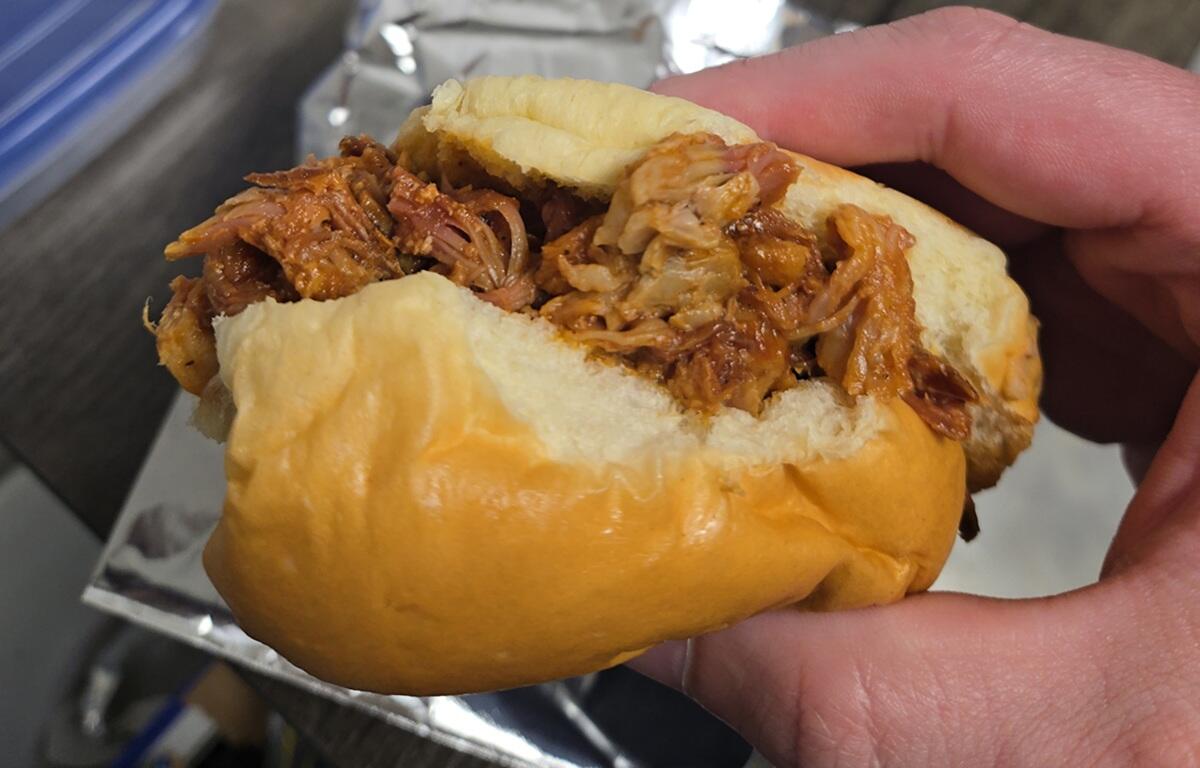 A pulled pork sandwich from Cookies