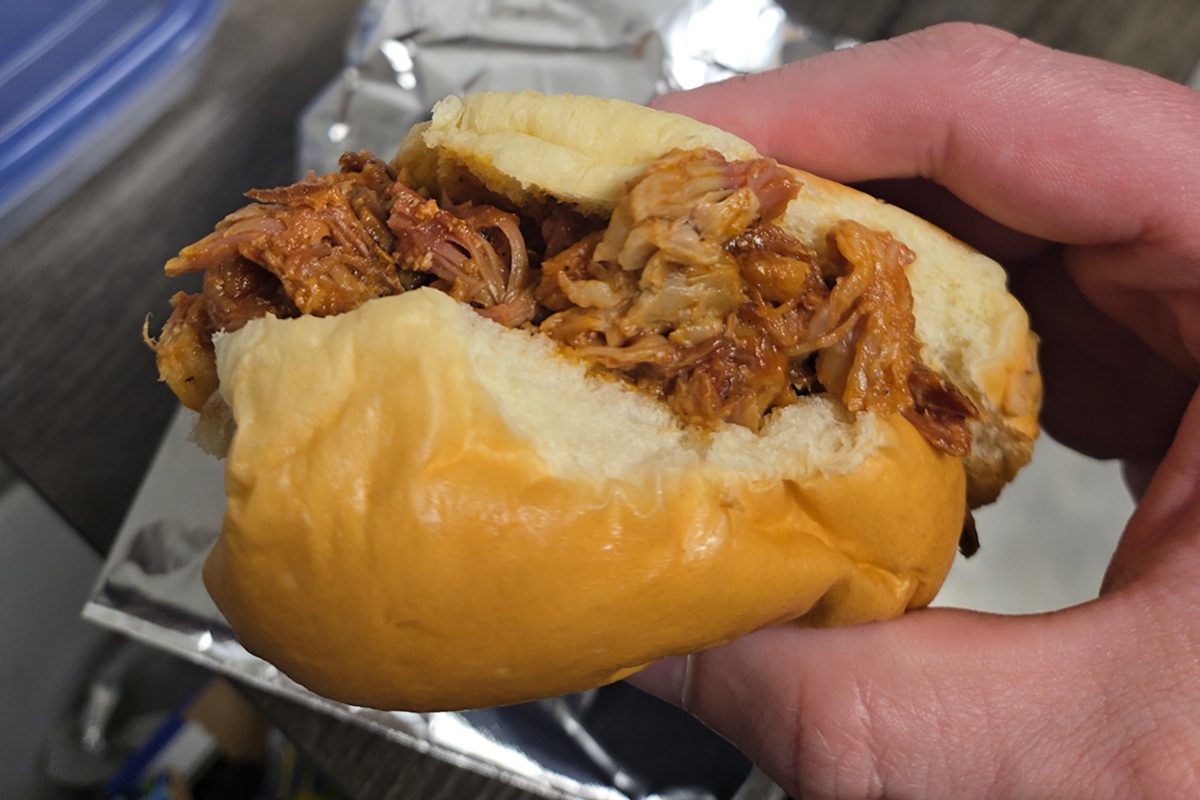 A pulled pork sandwich from Cookies