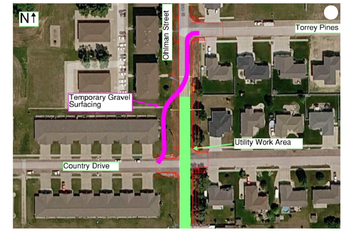 Map of temporary gravel path around construction project at Ohlman and Country Drive