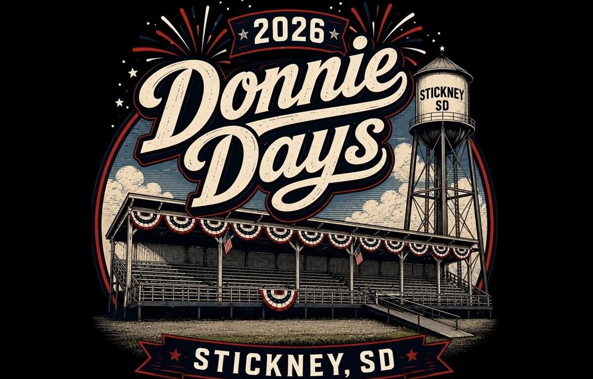 Retro-style poster for Donnie Days 2026 in Stickney, SD, featuring a stadium, water tower, and fireworks.