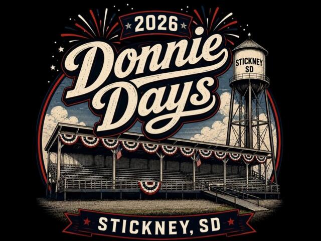 Retro-style poster for Donnie Days 2026 in Stickney, SD, featuring a stadium, water tower, and fireworks.
