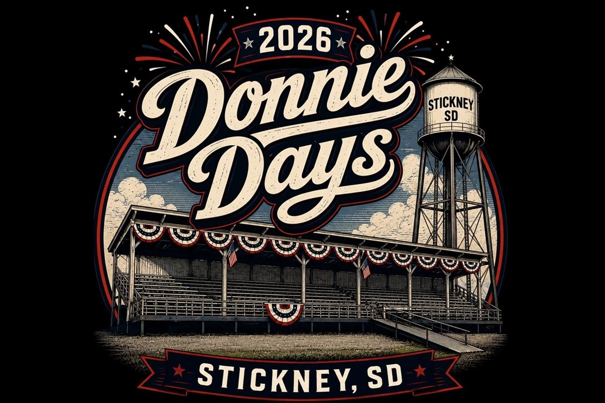 Retro-style poster for Donnie Days 2026 in Stickney, SD, featuring a stadium, water tower, and fireworks.