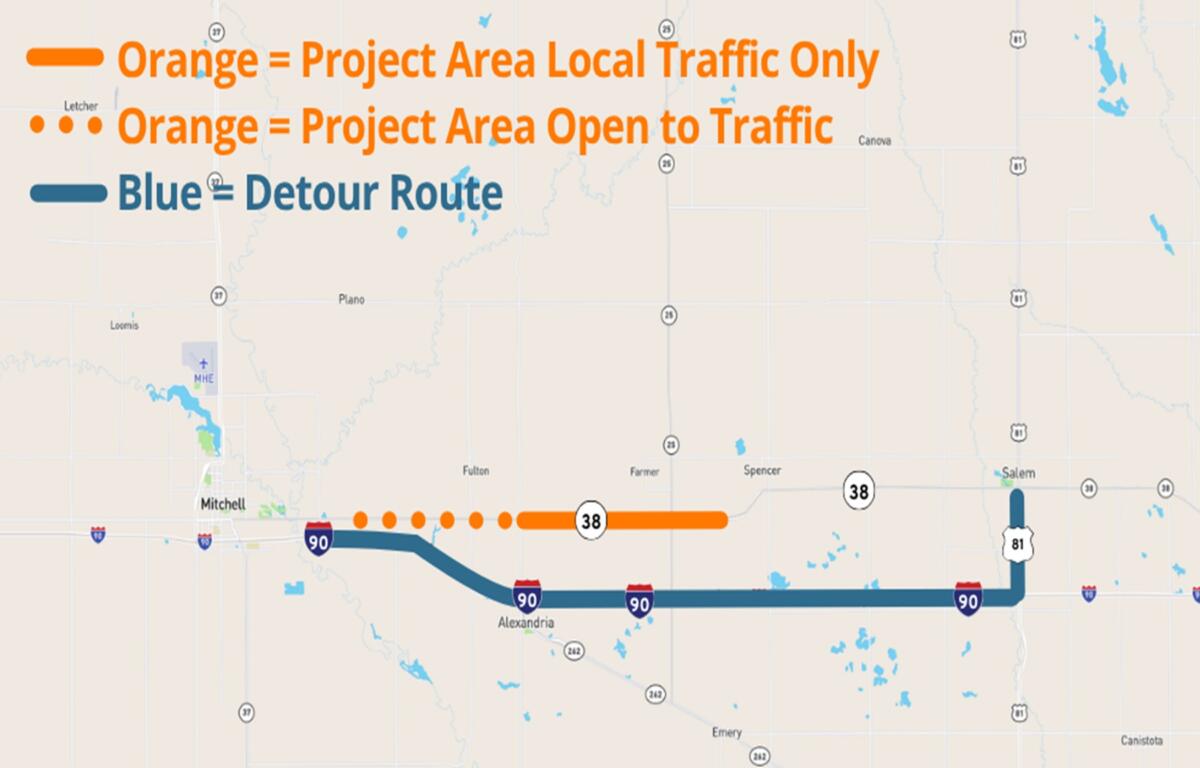 Detour route for Highway 38 construction. The project begins June 8th.