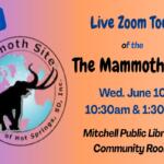 Kids’ Live Zoom Tour poster for The Mammoth Site at Mitchell Public Library: Wed, June 10, 10:30am & 1:30pm (gradient background).
