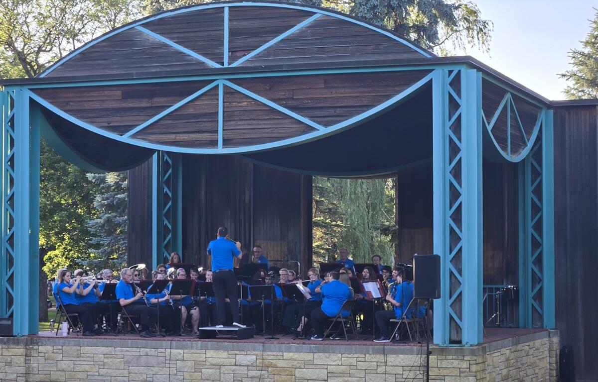 The Mitchell Municipal Band crowds onto the Saterlie Band Stand stage on Wednesday, June 10, 2026.