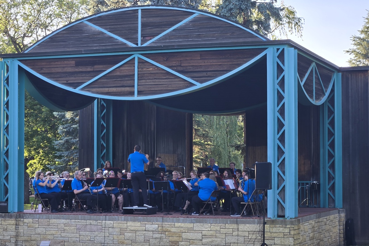 The Mitchell Municipal Band crowds onto the Saterlie Band Stand stage on Wednesday, June 10, 2026.