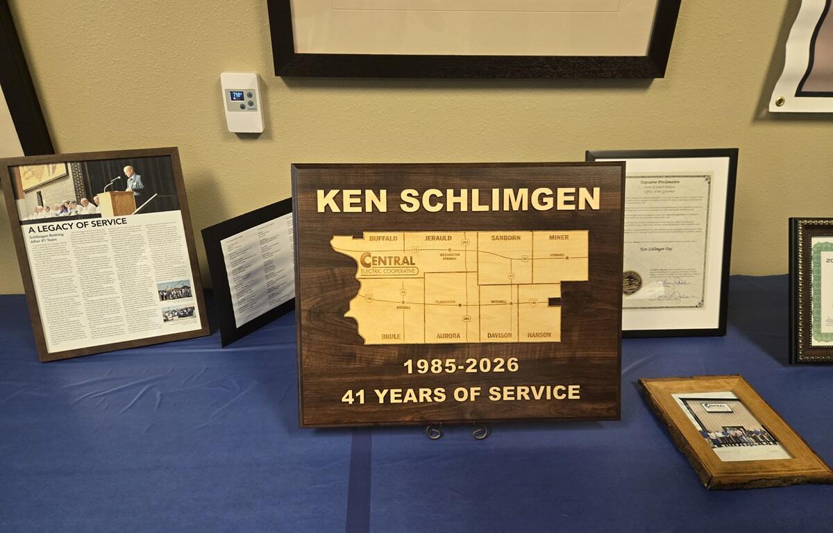 Plaque awarded to Ken Schlimgen at his retirement party on Friday, June 26, 2026.