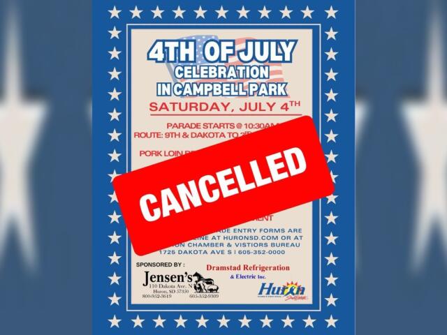 Event poster advertising a 4th of July celebration in Campbell Park, with a bold red CANCELLED stamp across the text.