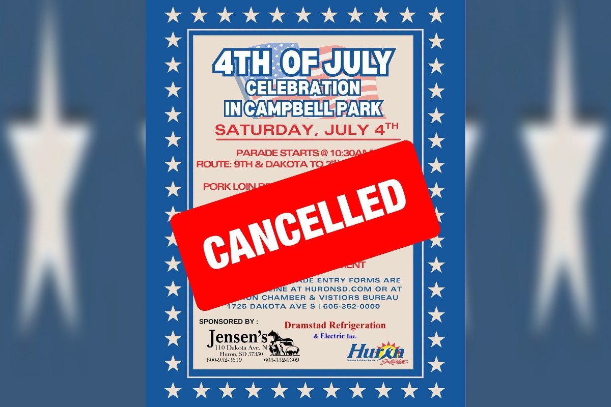 Event poster advertising a 4th of July celebration in Campbell Park, with a bold red CANCELLED stamp across the text.