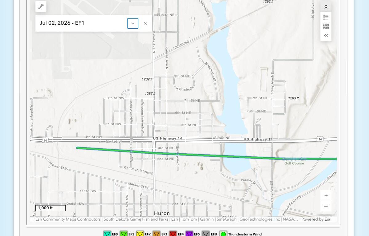 Path of tornado through Huron, SD on July 2, 2026.