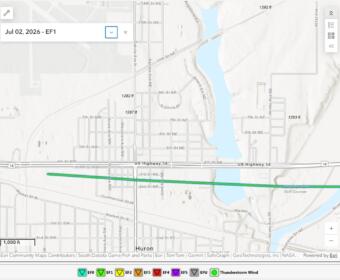 Path of tornado through Huron, SD on July 2, 2026.