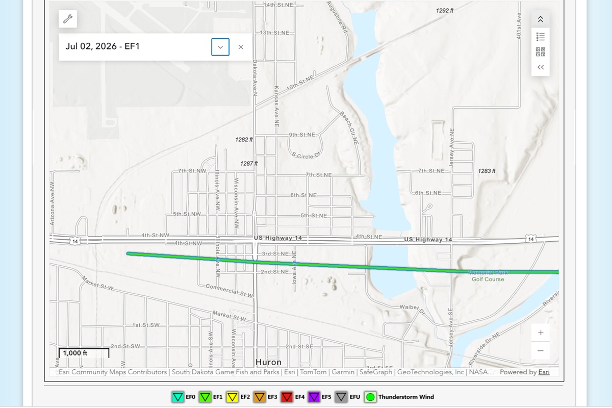 Path of tornado through Huron, SD on July 2, 2026.
