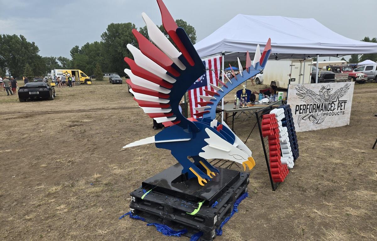 Performance Pet Products' winning float, an American bald eagle in red, white, and blue, on display at Family Fun Day at the Rodeo Grounds.