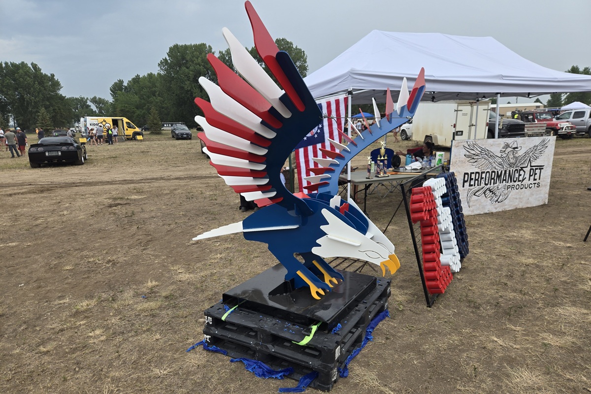 Performance Pet Products' winning float, an American bald eagle in red, white, and blue, on display at Family Fun Day at the Rodeo Grounds.