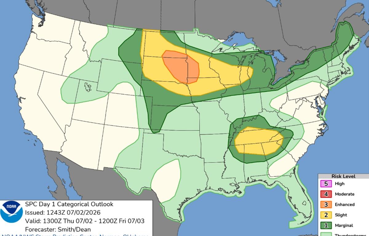NOAA SPC Day 1 outlook map of the contiguous US showing risk zones for severe weather: orange high risk, yellow enhanced, and various green shades for marginal and thunderstorm areas.