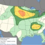 NOAA SPC Day 1 outlook map of the contiguous US showing risk zones for severe weather: orange high risk, yellow enhanced, and various green shades for marginal and thunderstorm areas.