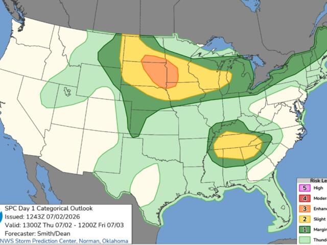 NOAA SPC Day 1 outlook map of the contiguous US showing risk zones for severe weather: orange high risk, yellow enhanced, and various green shades for marginal and thunderstorm areas.