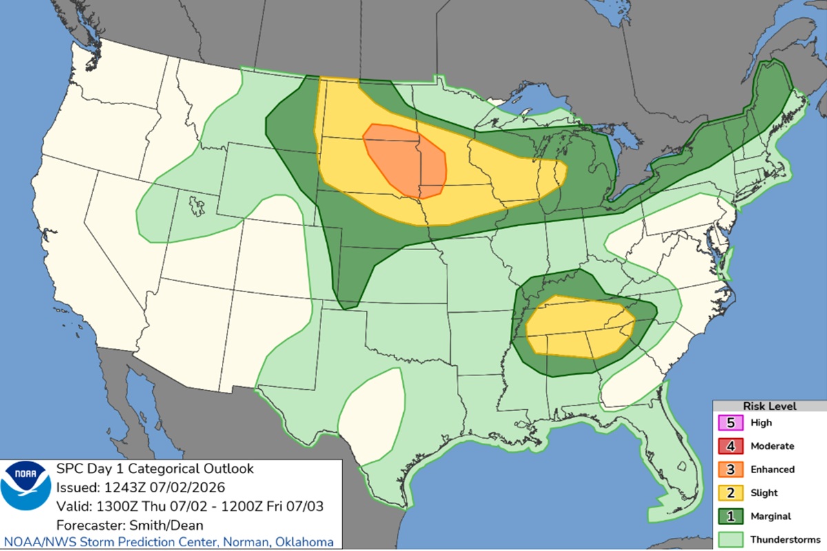 NOAA SPC Day 1 outlook map of the contiguous US showing risk zones for severe weather: orange high risk, yellow enhanced, and various green shades for marginal and thunderstorm areas.