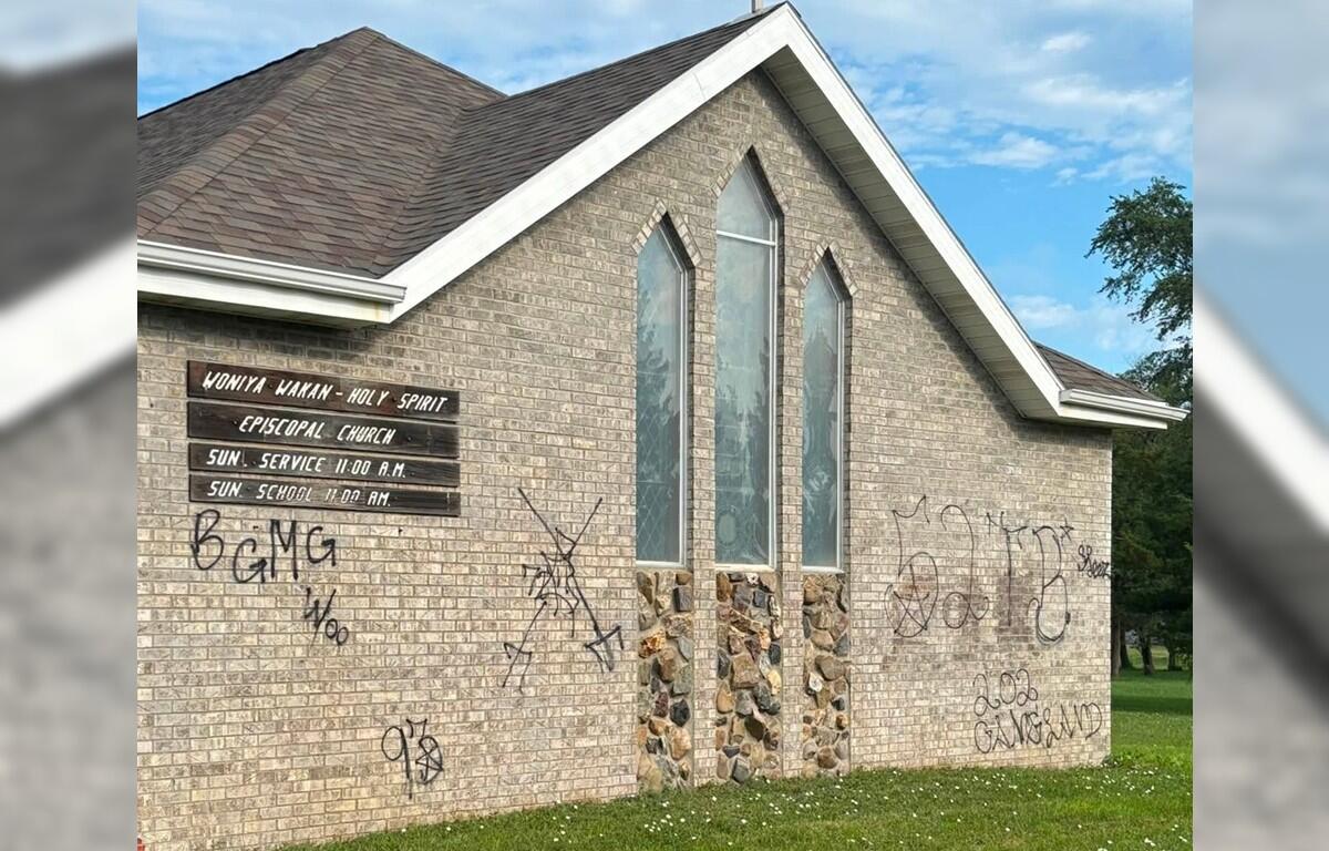 View of full graffiti at Woniya Wakan - Holy Spirit Episcopal Church in Wagner