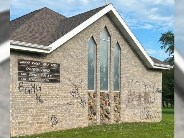 View of full graffiti at Woniya Wakan - Holy Spirit Episcopal Church in Wagner